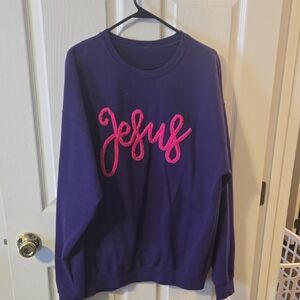 Purple Sweatshirt with Pink 'Jesus' Embroidery
